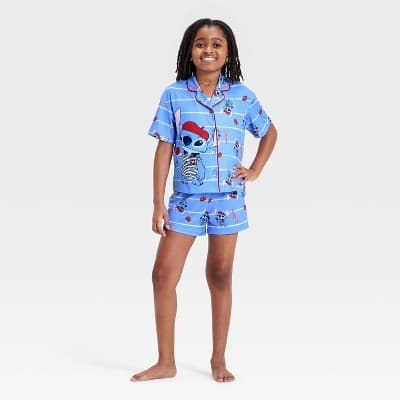 Girls' Lilo & Stitch Eiffel Tower Short Sleeve Button-Up Pajama Set - Blue M