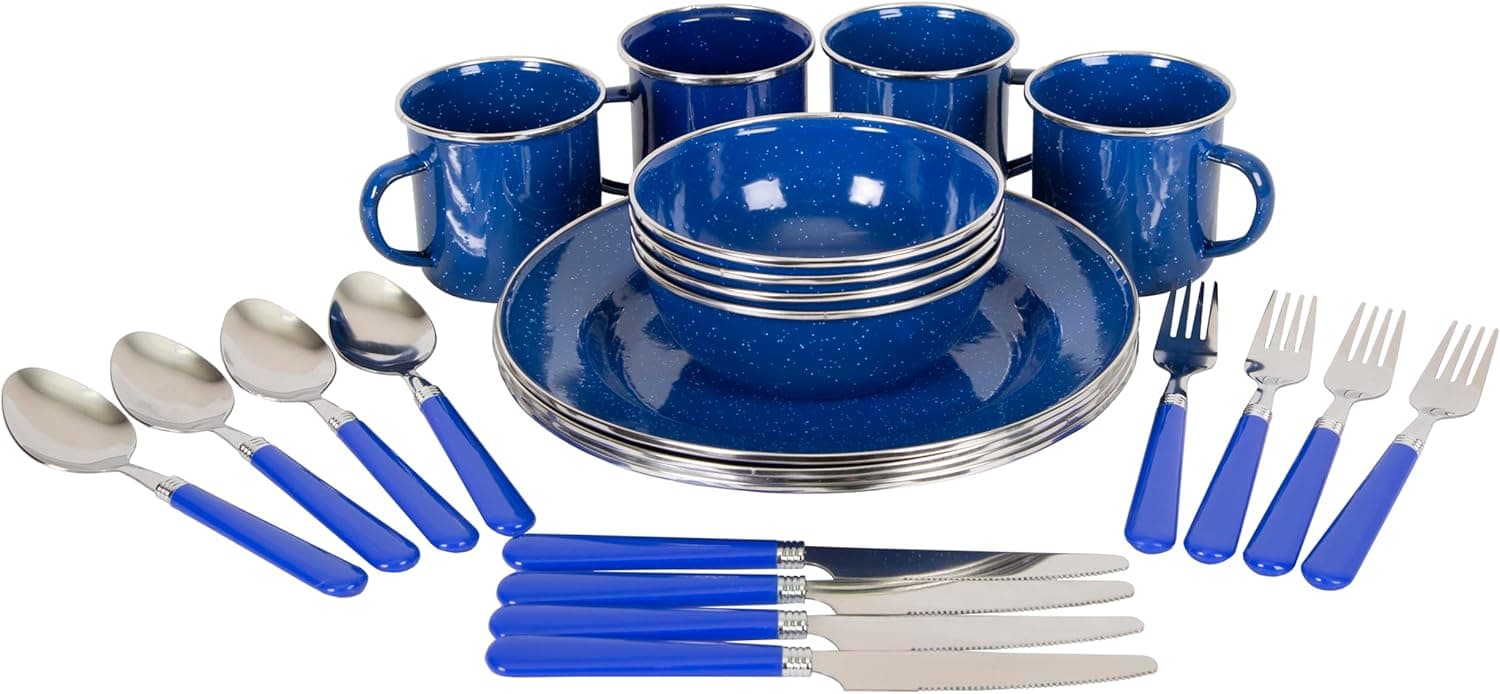 Stansport Deluxe 24-Piece Enamel Tableware Set - Blue