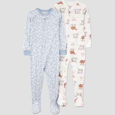 Carter's Just One You® Toddler Girls' 2pk Cotton Long Sleeve Farm and Floral Footed Pajama - Blue/White 4T