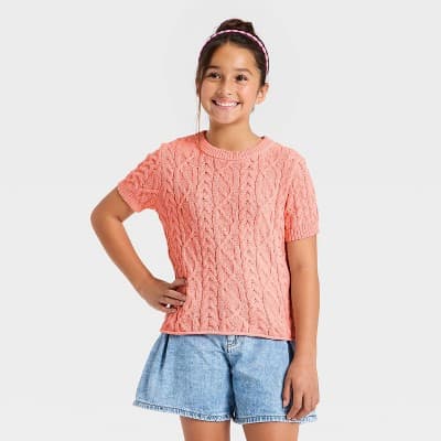 Girls' Short Sleeve Cable Knit Pullover Sweater - Cat & Jack™ Peach Pink XL