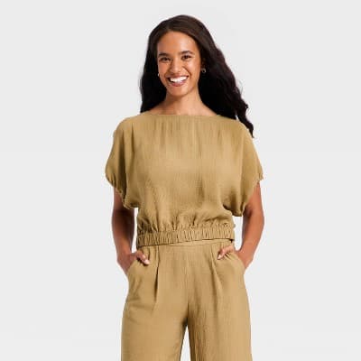 Women's Modern Gauze Balloon Top - A New Day™ Brown XL