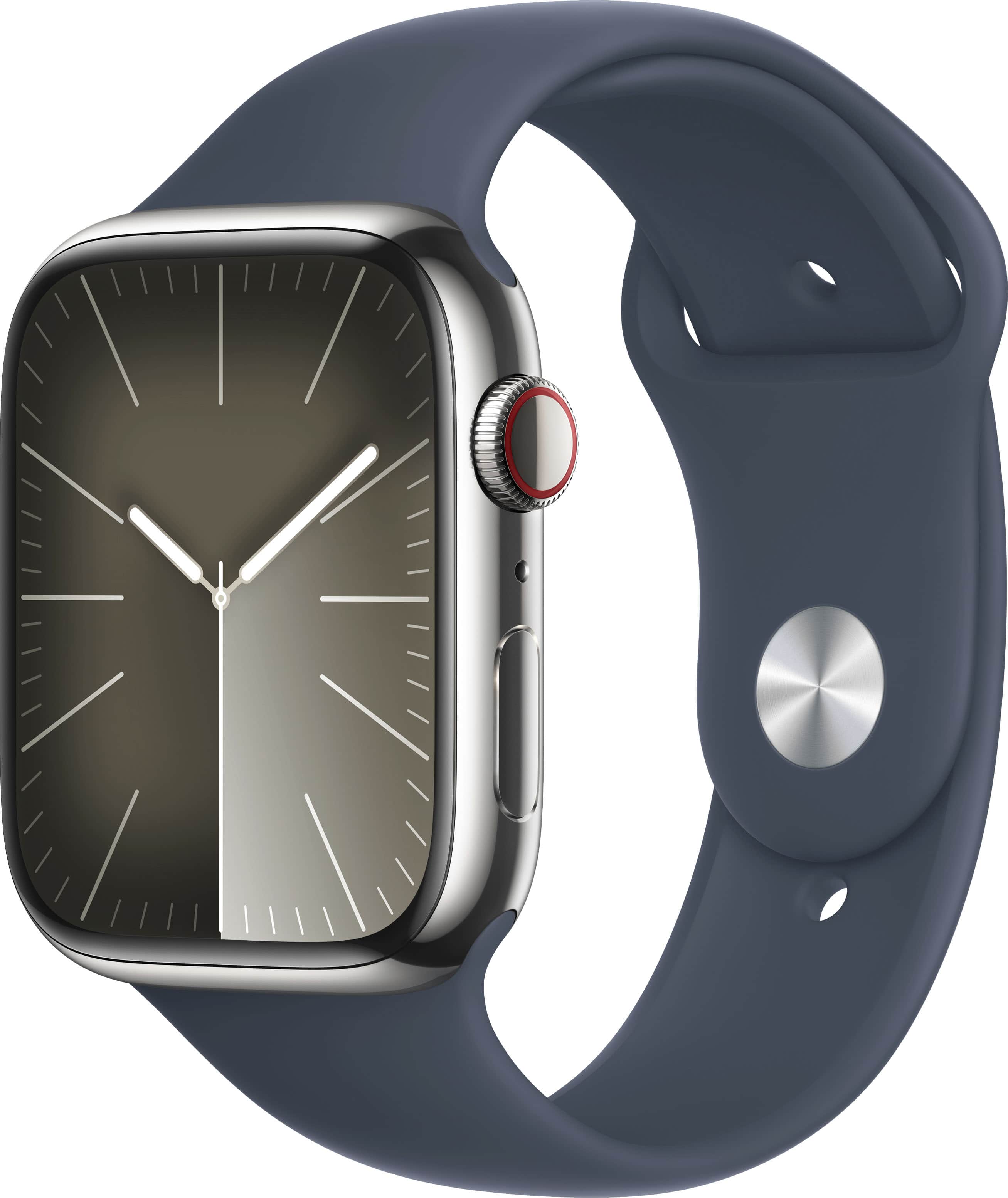 Refurbished Apple Watch Series 9 GPS + Cellular 45mm Stainless Steel Case with Storm Blue Sport Band (Small/Medium) - Silver - (2023)