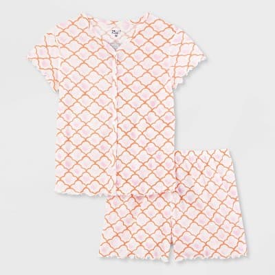 Girls' Adaptive Geo Hearts Pointelle Short Sleeves and Shorts Pajama Set Pink - Roller Rabbit x Target M