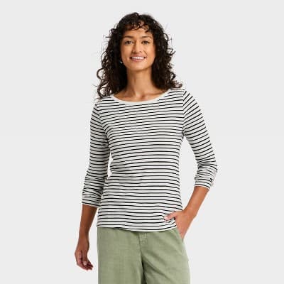 Women's Long Sleeve T-Shirt - Universal Thread™ Cream Striped M