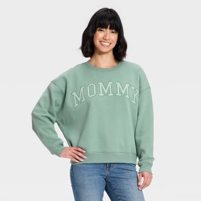 Women's Crewneck Mommy Graphic Pullover Sweatshirt - Sage Green XXS