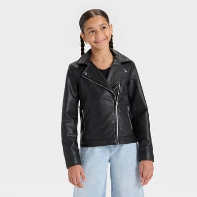 Girls' Faux Leather Moto Jacket - art class™ Black S
