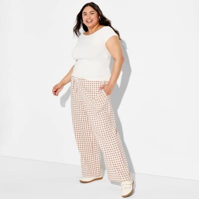 Women's Wide Leg Graphic Pants - Brown Gingham 3X