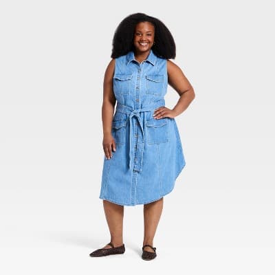 Women's Plus Sleeveless Denim Utility Midi Shirtdress - Ava & Viv™ Medium Wash 30