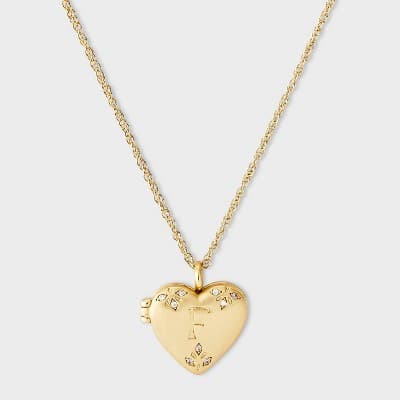 Brass Letter "F" Heart Locket with Initial Pendant Necklace - A New Day™ Gold