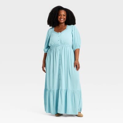Women's Plus Elbow Sleeve Button-Front Lace Trim Maxi Dress - Ava & Viv™ Blue 4X