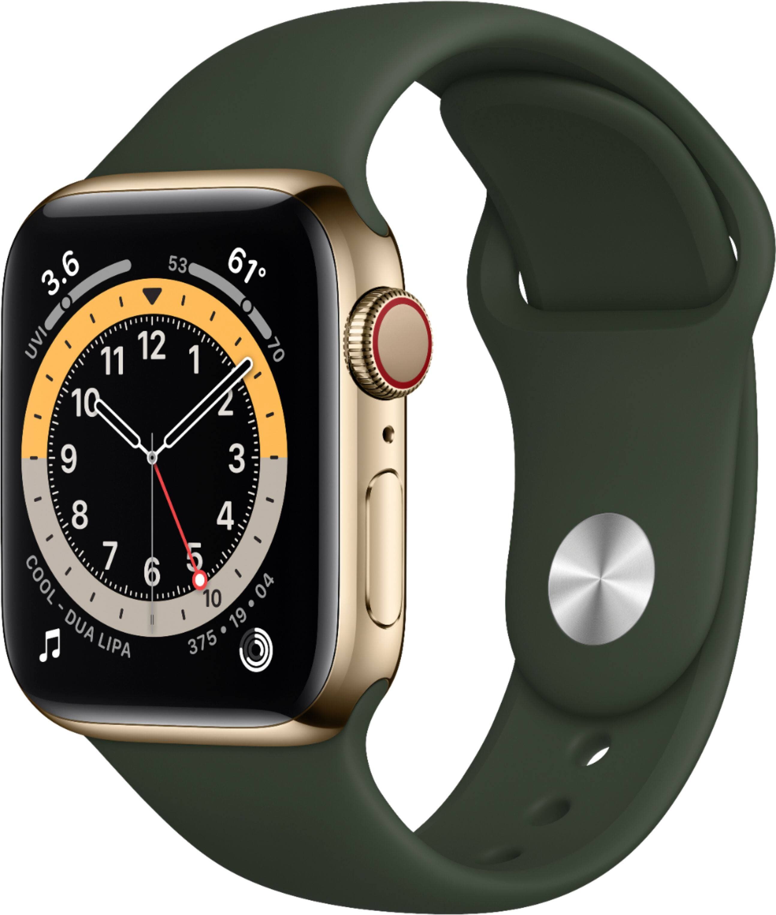Refurbished Apple Watch Series 6 (GPS + Cellular) 40mm Gold Stainless Steel Case with Cyprus Green Sport Band - Gold - (2020)