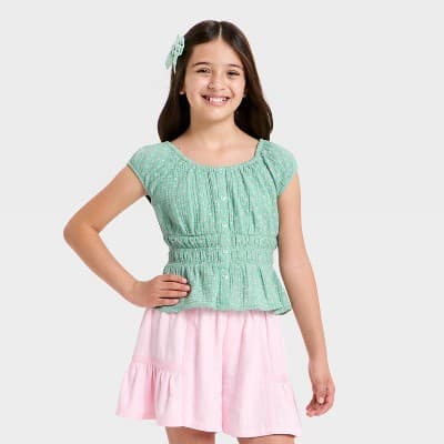 Girls' Short Sleeve Smocked Waist Floral Top - Cat & Jack™ Sage Green XS