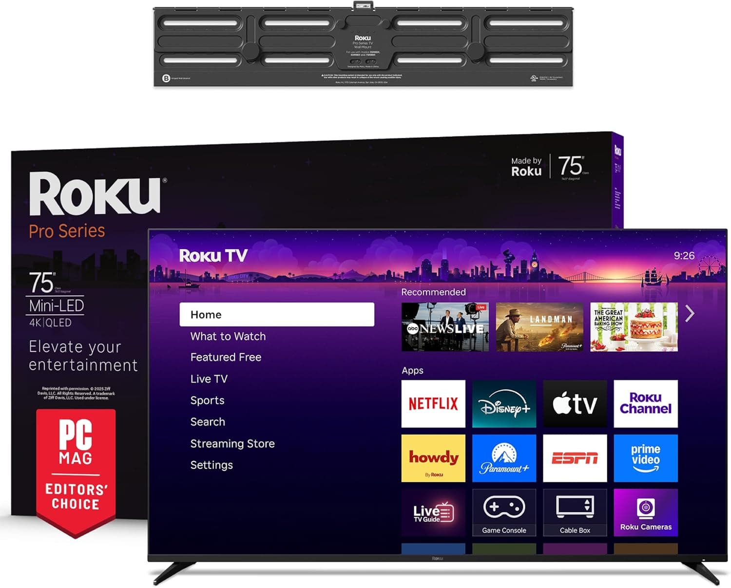 Roku Smart TV – 75-Inch Pro Series, Mini-LED TV – RokuTV with Backlit Voice Remote Pro – Flat Screen 4K QLED Television Wall Mount Kit for 75-Inch Pro Series TV - Ultra-Slim