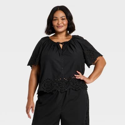Women's Short Sleeve V-Neck Button-Front Eyelet Blouse - A New Day™ Black 1X