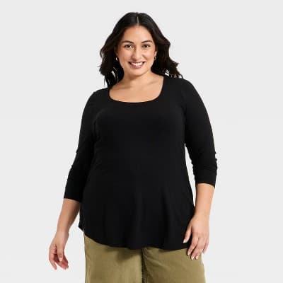 Women's Long Sleeve Knit Scoop Neck Tunic Top - Ava & Viv™ Black 4X