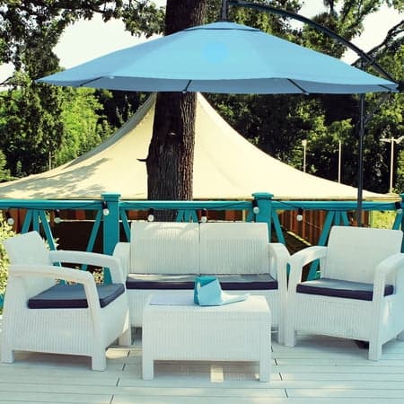 Pure Garden 10-Foot Offset Patio Umbrella with Crank and Base (Blue)