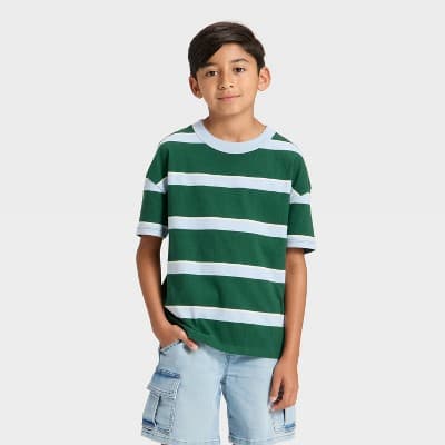 Boys' Short Sleeve Striped Oversized T-Shirt - Cat & Jack™ Dark Green S