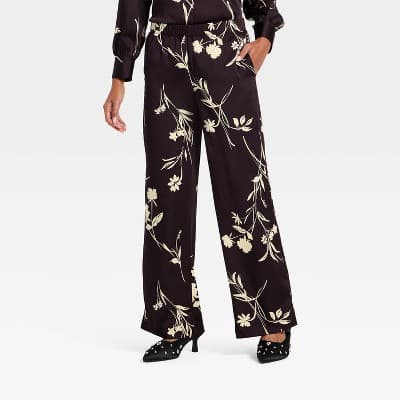 Women's Satin Low-Rise Pull-On Pants - A New Day™ Brown Floral XS