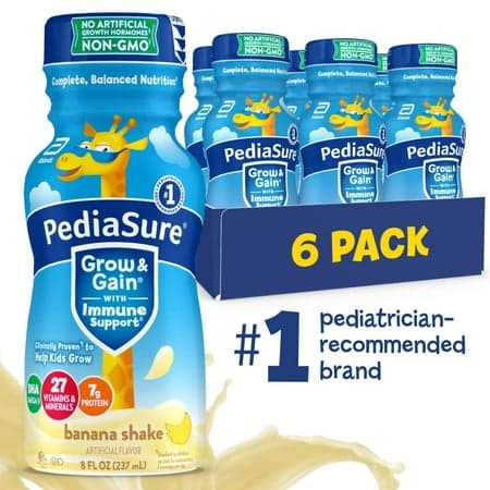 PediaSure Grow & Gain with Immune Support, 7g Protein, Banana, 8-fl-oz Bottle, Pack of 6