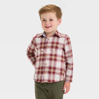 OshKosh B'gosh Toddler Boys' Plaid Woven Long Sleeve Flannel Shirt - Burgundy/Brown/Cream 12M