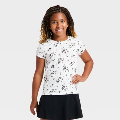 Girls' Short Sleeve Jersey Floral T-Shirt - Cat & Jack™ Cream/Black S