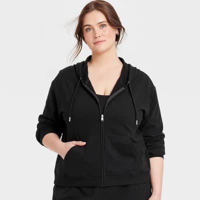 Women's Fleece Zip-Up Sweatshirt - Auden™ Black 2X: Cotton Blend, Recycled Polyester, Spandex, Hooded, Front Pocket
