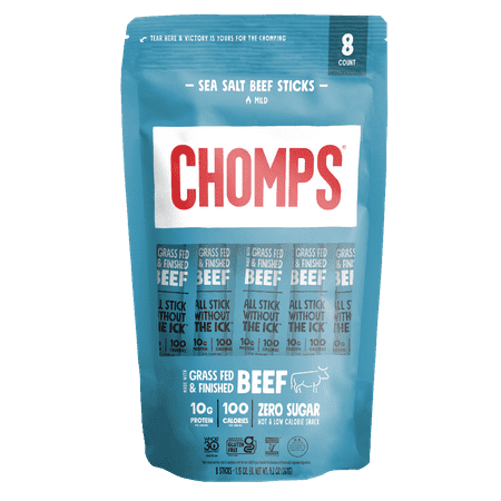 Chomps Grass-Fed and Finished Sea Salt Beef Meat Sticks, 10g of Protein, Certified Gluten Free and Free From the Top 9 Allergens (8 Ct)