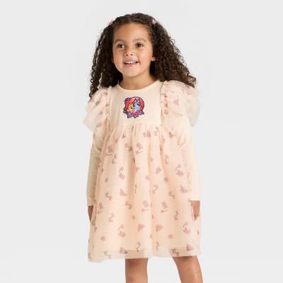 Toddler Girls' Bluey Floral Long Sleeve Tulle Dress - Light Pink 5T