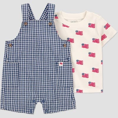 Carter's Just One You® Baby Boys' USA Flag 4th of July Gingham Overalls Set - Navy Blue/Ivory/Red 18M