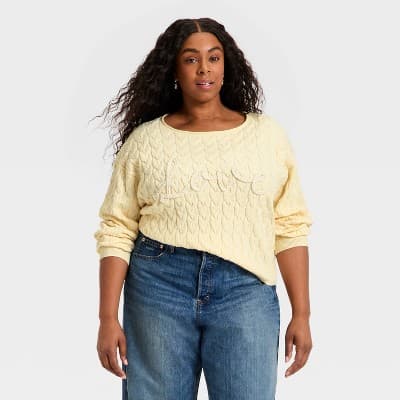 Women's Cozy Wide Crewneck Love Pullover Sweater - Universal Thread™ Cream XXL