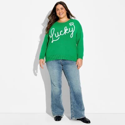 Women's Lucky Graphic Pullover Sweater - Green 1X