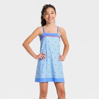 Girls' Printed Athletic Dress - All In Motion™ Vibrant Blue Cherry Gingham M