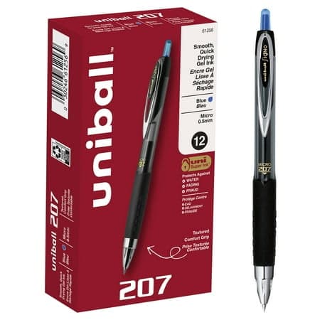 uniball 207 Retractable Gel Pens, Micro Point (0.5mm), Blue Ink, 12 Count