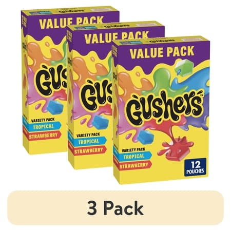 (3 pack) Gushers Fruit Flavored Snacks, Strawberry and Tropical Flavors, 12 Count