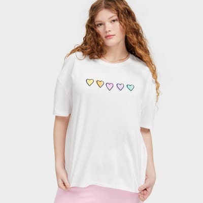 Women's Short Sleeve Oversized Disco Hearts Wave Graphic T-Shirt White - Roller Rabbit x Target XL
