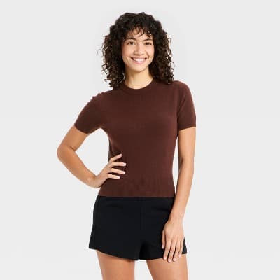 Women's Short Sleeve Crewneck Sweater - A New Day™ Brown M