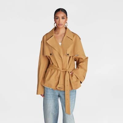 KBB by KAHLANA Women's 'The Belted Cropped Trench Jacket' - Light Brown L