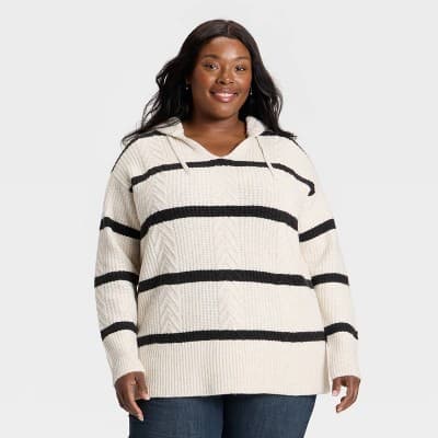Women's Cozy Cable Hooded Tunic Sweater - Ava & Viv™ Cream Striped 4X