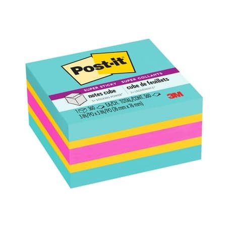 Post-it Super Sticky Notes Cube, 3 in x 3 in, Bright Colors, 1 Cube