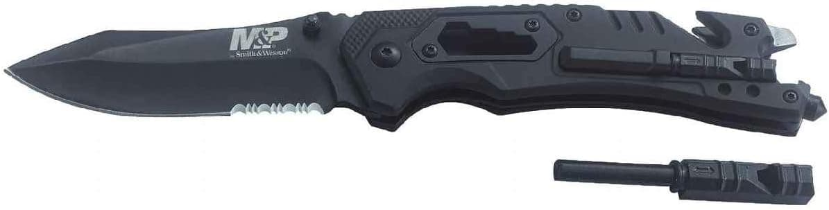 Smith & Wesson M&P 8.5in High Carbon S.S. Spring Assisted Folding Knife with 3.5in Serrated Drop Point Blade and Rubber Handle for Outdoor Survival and EDC,Tan