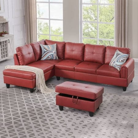 Hommoo L Shaped 4-Seat Couch, Faux Leather Sectional Couches and Sofas, Modern Living Room Furniture Sets Sectional Sofa Set, Red(No Ottoman)