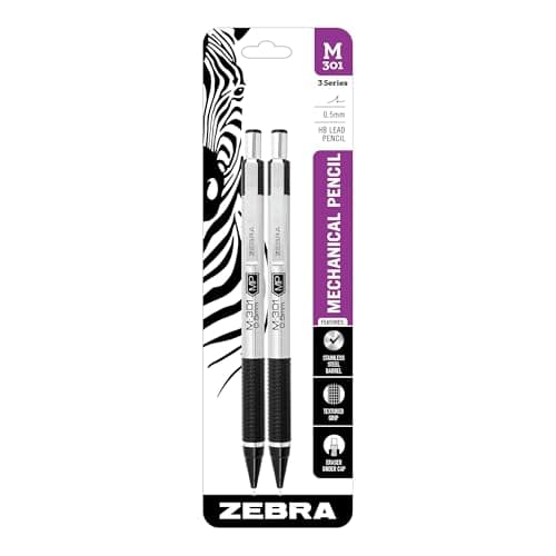 Zebra Pen, STEEL M-301 Mechanical Pencils, 0.5mm Fine Point, Refillable Lead, Stainless Steel Barrel, Built-in Eraser, Durable Clip, Lightweight Precision Pencil for School, Office, 2-Pack (54012)