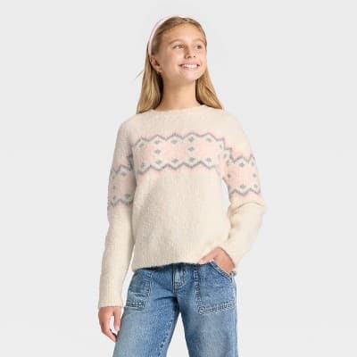 Girls’ Fair Isle Boucle Sweater - art class™ Off-White M