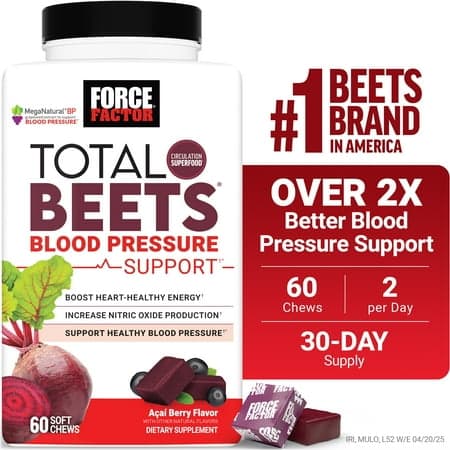 Force Factor Total Beets Blood Pressure Support, Beet Root Supplement for Nitric Oxide, Circulation, Heart Health & Energy, Acai Berry, 60 Soft Chews