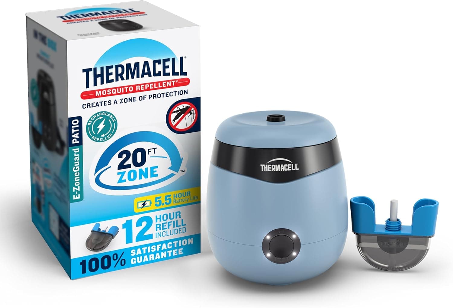 Thermacell E55 E-Series Rechargeable Mosquito Repeller with 20' Mosquito Protection Zone; Blue; Includes 12-Hr Repellent Refill; Bug Spray Alternative; Scent Free; No Candle or Flame