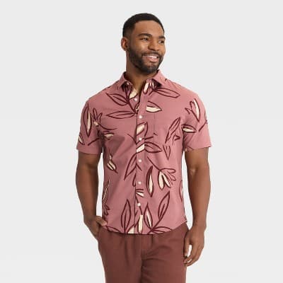 Men's Vacay Short Sleeve Poplin Shirt - Goodfellow & Co™ Berry Plum Leaf L