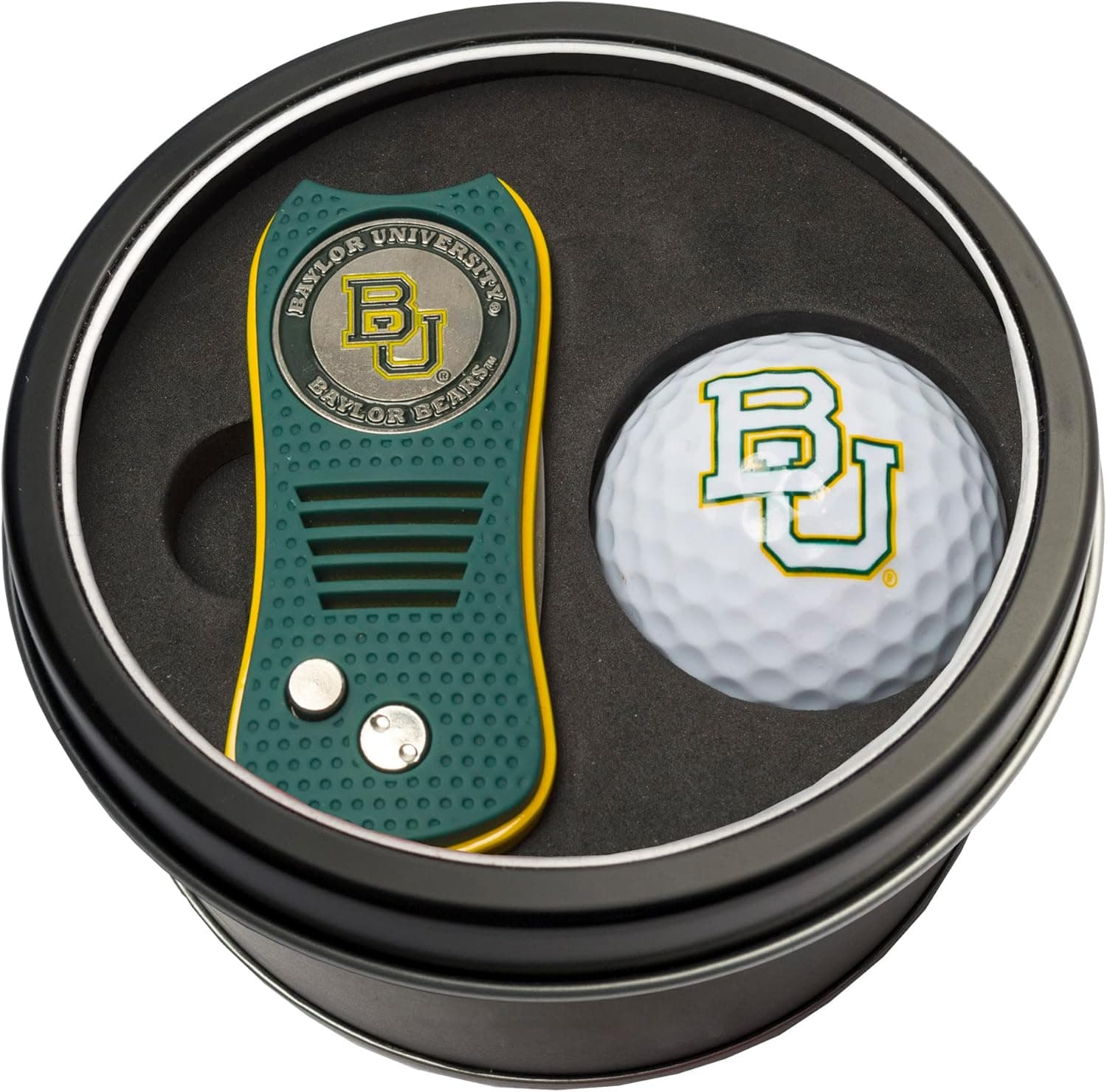Team Golf NCAA Baylor Bears Tin Gift Set with Retractable Divot Tool and Golf Ball Gift Set Switchblade Divot Tool with Double-Sided Magnetic Ball Marker & Golf Ball, Patented Single Prong Design, Less Damage to Greens, Switchblade Mechanism