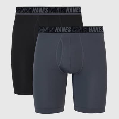 Hanes Moves Premium Men's Anti-Chafe Total Support Pouch X-Temp Long Leg Boxer Briefs 2pk - Gray/Black S: Moisture Wicking, 4-Way Stretch