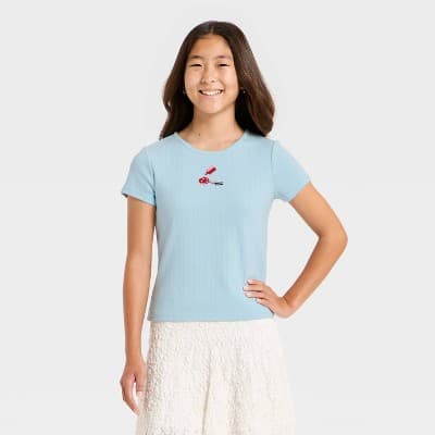 Girls' Nail Polish Smiley Face Graphic Pointelle T-Shirt - art class™ Blue L