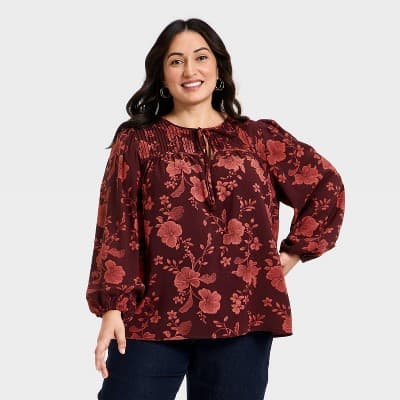 Women's Bishop Long Sleeve Pleated Tie-Front Blouse - Ava & Viv™ Burgundy Floral 3X